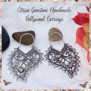 Citrine Gemstone Handmade Rustic Filigree Winged Goddess Unique Earrings